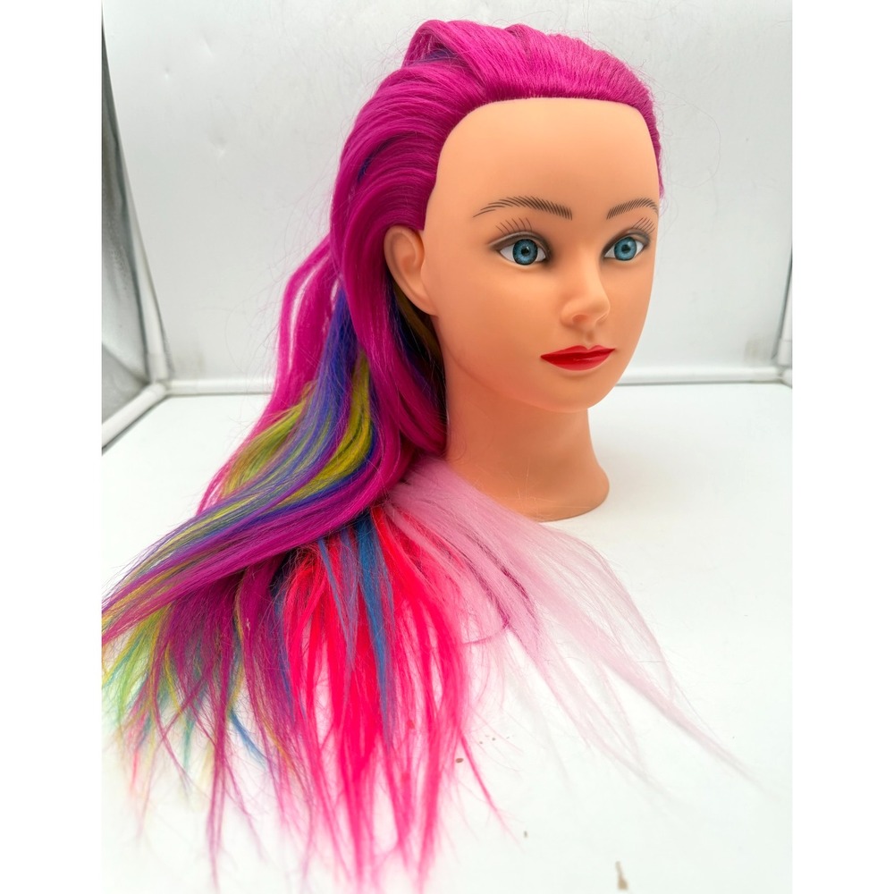 Cosmetology Hair Styling Training Mannequin Head Long Pink Rainbow Hair Practice